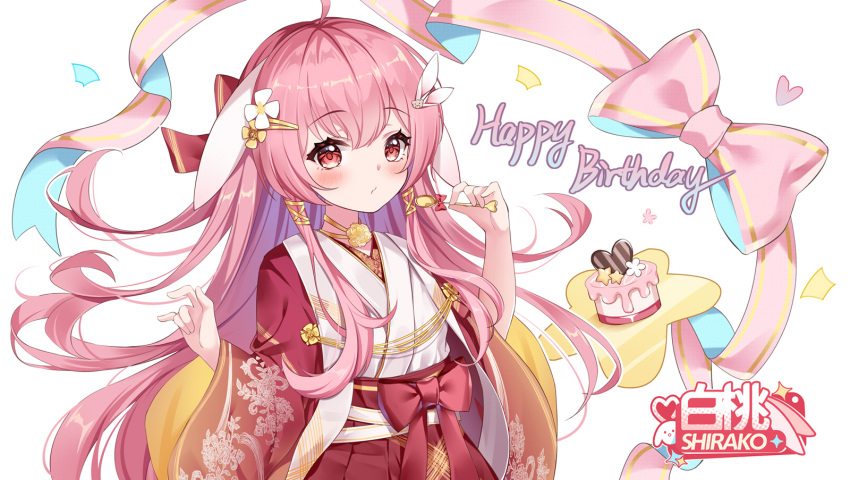1girl \m/ ahoge aiguillette animal_ears birthday_cake blush bow cake candy character_logo character_name check_clothing chocolate confetti floating_hair flower food hair_flower hair_ornament hairclip hands_up happy_birthday heart heart-shaped_chocolate highres japanese_clothes kimono kosode lenka1264504528 long_hair looking_at_viewer lop_rabbit_ears miko pink_bow pink_hair pink_ribbon print_kimono providence_project rabbit_ears red_bow red_eyes red_kimono red_sash ribbon sash shirako_(vtuber) solo upper_body virtual_youtuber white_background x_hair_ornament