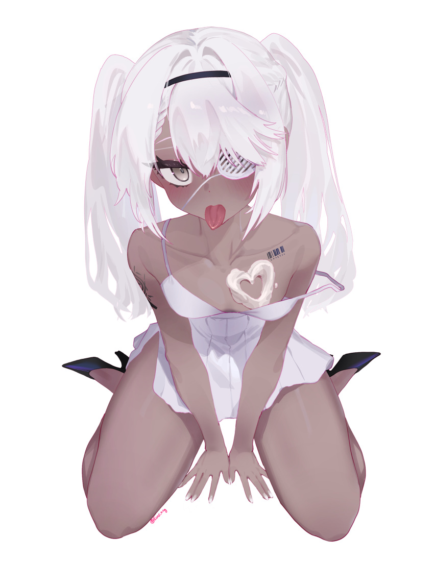 1girl absurdres arm_tattoo arms_between_legs babydoll barcode black_footwear blush breasts dark-skinned_female dark_skin eonsang eyepatch fingernails food_on_body from_above full_body girls'_frontline grey_eyes headband heart high_heels highres hs.50_(girls'_frontline) long_hair off_shoulder seiza sitting small_breasts solo tattoo tongue tongue_out twintails twitter_username white_babydoll white_hair