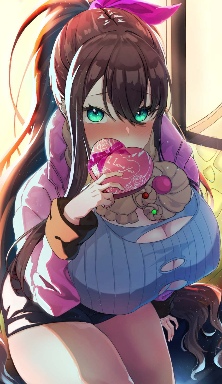 1girl aged_up arm_support black_shorts blue_eyes blush box breasts brown_hair brown_scarf cleavage cleavage_cutout clothing_cutout commentary_request covering_own_mouth cowboy_shot gift grey_sweater hair_between_eyes hair_ribbon heart-shaped_box high_ponytail highres hilda_(pokemon) hizakake holding holding_gift huge_breasts jacket long_hair looking_at_viewer nose_blush open_clothes open_jacket pink_ribbon pokemon pokemon_bw ponytail purple_jacket ribbed_sweater ribbon scarf short_shorts shorts sidelocks sitting solo sweater thick_thighs thighs underboob underboob_cutout valentine very_long_hair