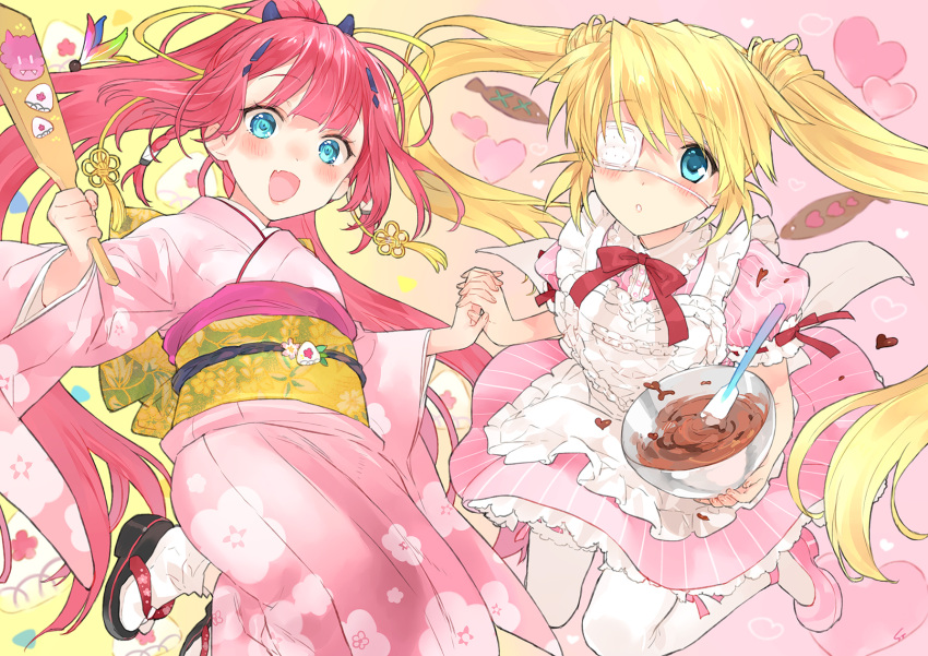 2girls :d alternate_costume apron aqua_eyes blonde_hair blunt_bangs blush braid cherry_blossom_print chocolate company_connection crossover dress enmaided expressionless eyelashes eyepatch fang feet_out_of_frame floating_hair floral_print frilled_apron frilled_sleeves frills hair_between_eyes hair_ornament hairclip hairstyle_connection hand_up happy highres holding holding_cooking_pot holding_hands holding_racket interlocked_fingers japanese_clothes kamiyama_shiki key_(company) kimono long_hair long_sleeves looking_at_viewer maid maid_apron mary_janes medical_eyepatch midair multiple_girls nakatsu_shizuru okobo one_eye_covered open_mouth parted_lips pink_dress pink_footwear pink_kimono pinstripe_dress pinstripe_pattern ponytail puffy_short_sleeves puffy_sleeves racket red_hair red_ribbon rewrite ribbon ribbon-trimmed_sleeves ribbon_trim sandals sash shoes short_sleeves smile straight_hair summer_pockets tabi tassel tassel_hair_ornament third-party_source toujou_sakana twin_braids twintails very_long_hair white_apron wide_sleeves yellow_sash