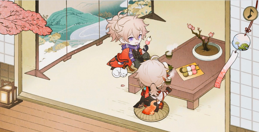 2boys :3 :d antenna_hair armor bandaged_arm bandaged_hand bandages black_gloves black_kimono black_scarf blonde_hair blue_scarf branch cat chabudai_(table) chibi closed_eyes closed_mouth coat commentary cup cushion dango english_commentary facing_away fingerless_gloves flower_pot folding_screen food from_behind genshin_impact gloves green_tea grey_pants hair_between_eyes hand_up haori high_ponytail highres holding holding_food indoors japanese_armor japanese_clothes kaedehara_kazuha kazuha's_friend_(genshin_impact) kimono kuro_lee lantern leaf_print long_sleeves low_ponytail male_focus maple_leaf_print medium_hair multicolored_hair multiple_boys musical_note open_mouth pants petals plant ponytail potted_plant purple_eyes red_coat red_hair red_scarf sanshoku_dango scarf seigaiha short_sleeves shouji shoulder_armor sidelocks sitting sleeping sliding_doors smile sode steam streaked_hair table tassel tea u_u vision_(genshin_impact) wagashi white_cat white_hair white_kimono wide_sleeves wind_chime yunomi zabuton