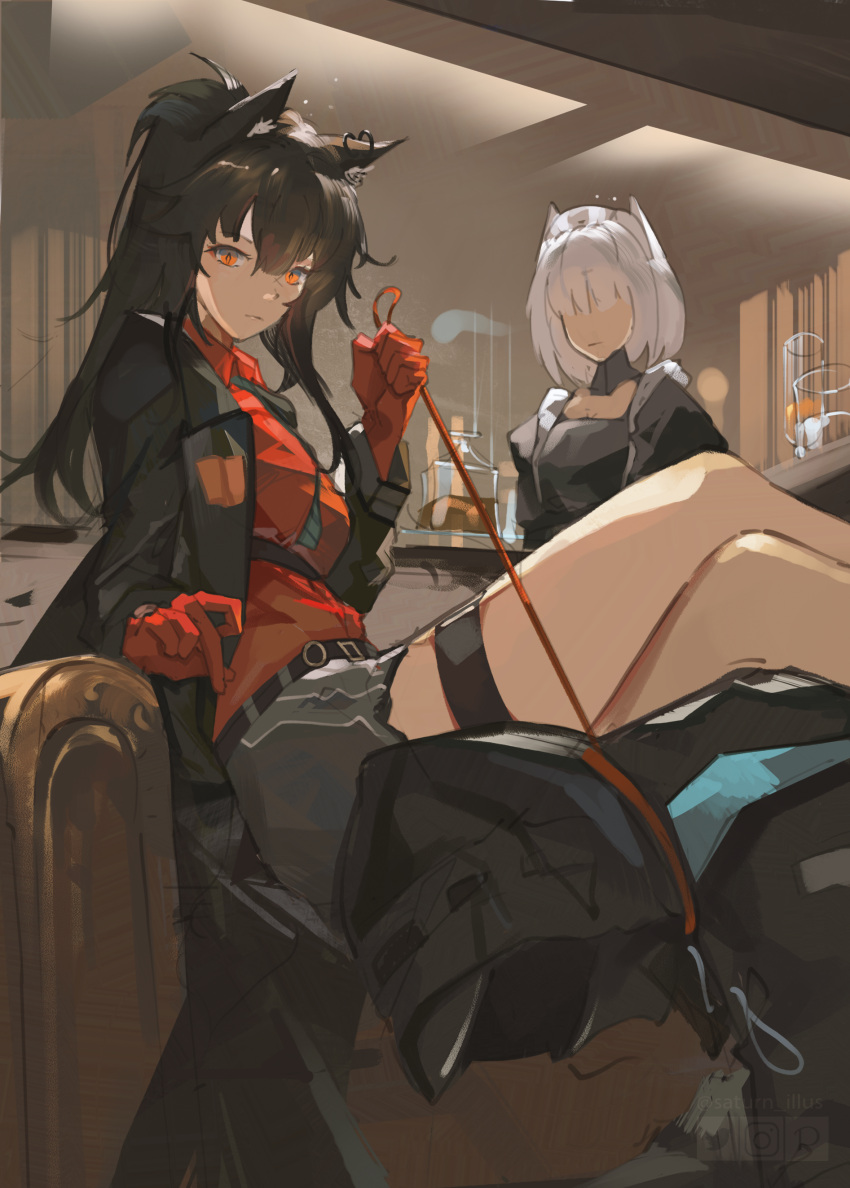 1other 2girls absurdres animal_ears arknights belt black_hair breasts cmdr_saturn commentary crossed_legs cup doctor_(arknights) drinking_glass earrings english_commentary faceless faceless_female gloves hat highres hood hooded_jacket jacket jewelry leash long_hair mask multiple_girls necktie nurse_cap ponytail red_eyes red_gloves sitting texas_(arknights) texas_(willpower)_(arknights) thigh_strap white_hair wolf_ears