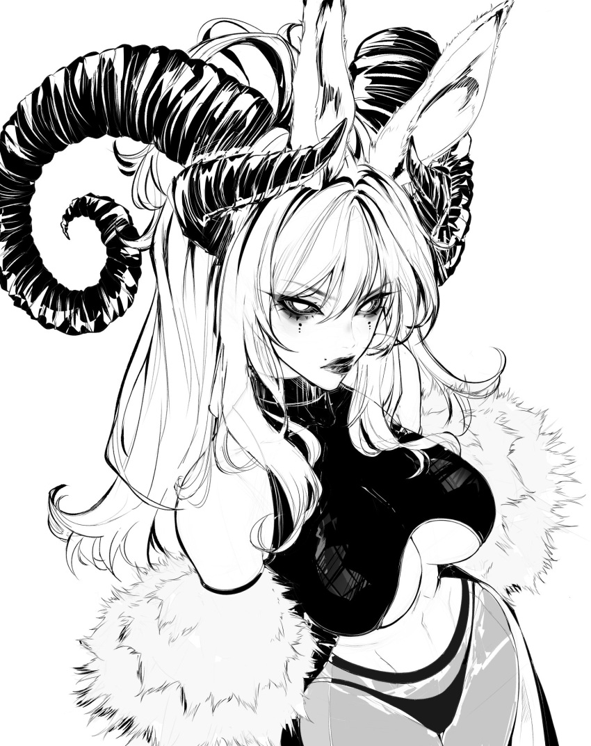 1girl animal_ears breasts cleavage commission cropped_shirt detached_sleeves eyeshadow fur_sleeves greyscale halter_shirt halterneck highres horns long_hair looking_at_viewer makeup medium_breasts midriff monochrome navel original panties pantyhose parted_lips rabbit_ears rimii see-through see-through_skirt skirt solo underwear unfinished white_background