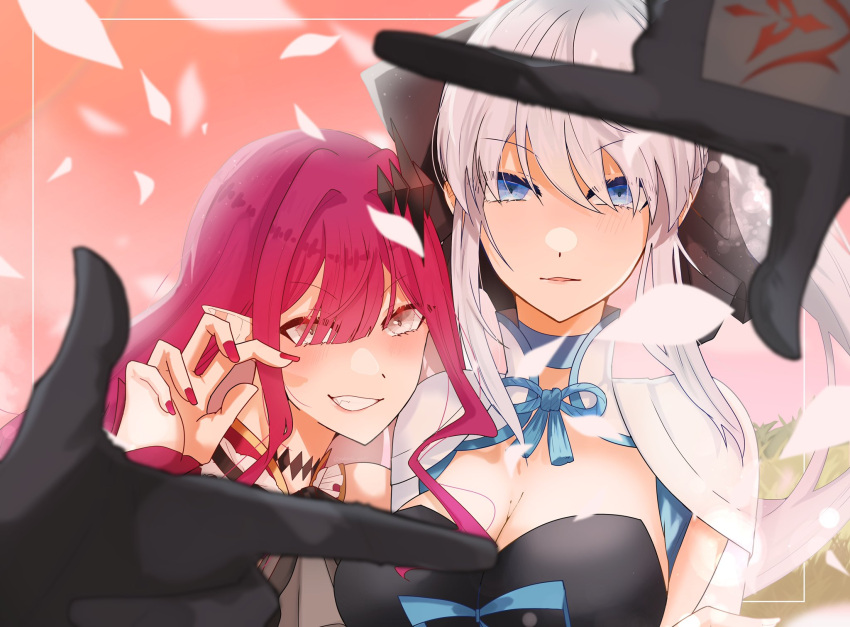 3girls baobhan_sith_(fate) baobhan_sith_(first_ascension)_(fate) black_bow black_dress black_gloves blue_eyes blush bow breasts dress falling_petals fang fate/grand_order fate_(series) finger_frame fujimaru_ritsuka_(female) gloves grass grey_eyes hair_bow hair_ornament hand_up highres looking_at_viewer mabotofu_maki morgan_le_fay_(fate) mother_and_daughter multiple_girls nail_polish necktie open_mouth out_of_frame petals pink_background pink_hair pink_sky pointy_ears ponytail red_dress red_necktie sidelocks sky smile teeth upper_body white_dress white_hair