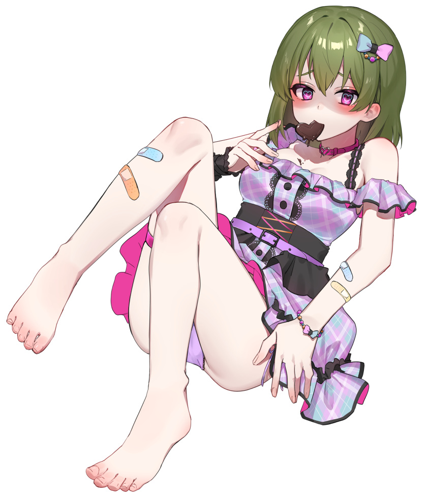 1girl absurdres animal_collar ass bandaid bandaid_on_arm bandaid_on_leg barefoot breasts candy chocolate chocolate_on_body choker collar dress feet food food_on_body green_hair heart heart-shaped_chocolate highres idolmaster idolmaster_million_live! knees_up looking_at_viewer medium_breasts melting mouth_hold multicolored_clothes multicolored_dress nagayoshi_subaru off-shoulder_dress off_shoulder panties pantyshot pink_choker purple_panties red_eyes shaded_face simple_background solo toes tutimaru0730 underwear white_background