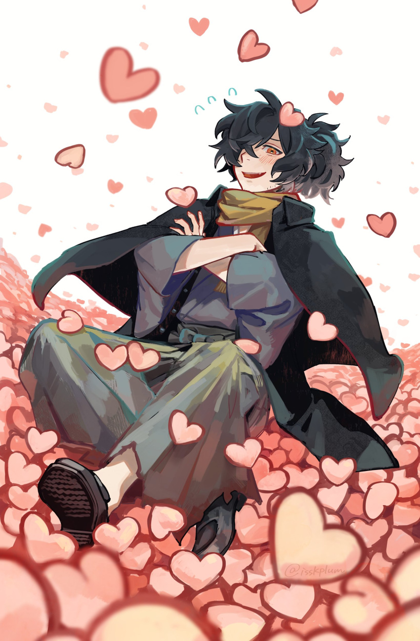 1boy absurdres beard_stubble black_footwear black_hair blush cloak crossed_arms facial_hair fang fate/grand_order fate_(series) flying_sweatdrops hair_over_one_eye hakama hakama_pants heart high_ponytail highres isskplum japanese_clothes kimono long_sleeves looking_at_viewer okada_izou_(fate) open_mouth orange_eyes pants ponytail scarf sitting stubble too_many too_many_hearts torn_clothes twitter_username wide_sleeves yellow_scarf