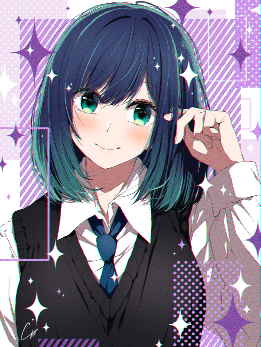 1girl 4b-enpitsu black_sweater_vest blue_eyes blue_hair blue_necktie blush chromatic_aberration closed_mouth collared_shirt commentary dress_shirt film_grain gradient_hair hair_between_eyes hair_twirling head_tilt highres kurokawa_akane long_sleeves looking_at_viewer medium_hair multicolored_hair necktie oshi_no_ko puffy_sleeves school_uniform shirt signature solo sparkle sweater_vest upper_body white_shirt