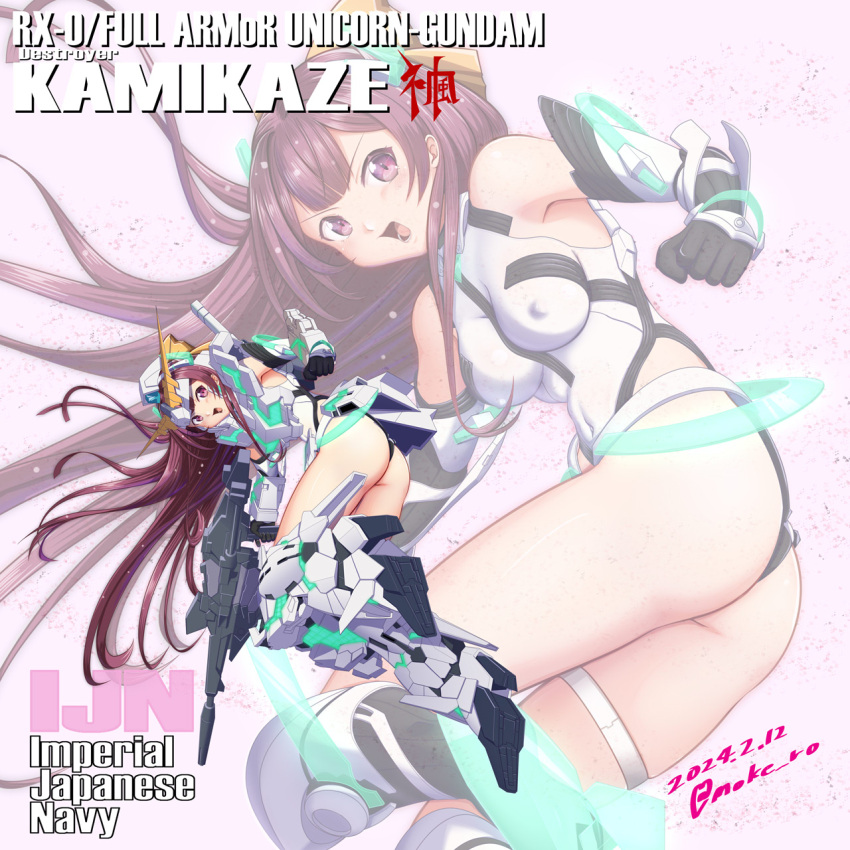 1girl angela_balzac angela_balzac_(cosplay) ass bow commentary_request cosplay covered_nipples dated deva_battle_suit elbow_gloves full_body gloves gundam gundam_unicorn hair_bow highres kamikaze_(kancolle) kantai_collection leotard long_hair moke_ro purple_eyes purple_hair rakuen_tsuihou solo twitter_username unicorn_gundam unicorn_gundam_(cosplay) variant_set white_leotard yellow_bow zoom_layer