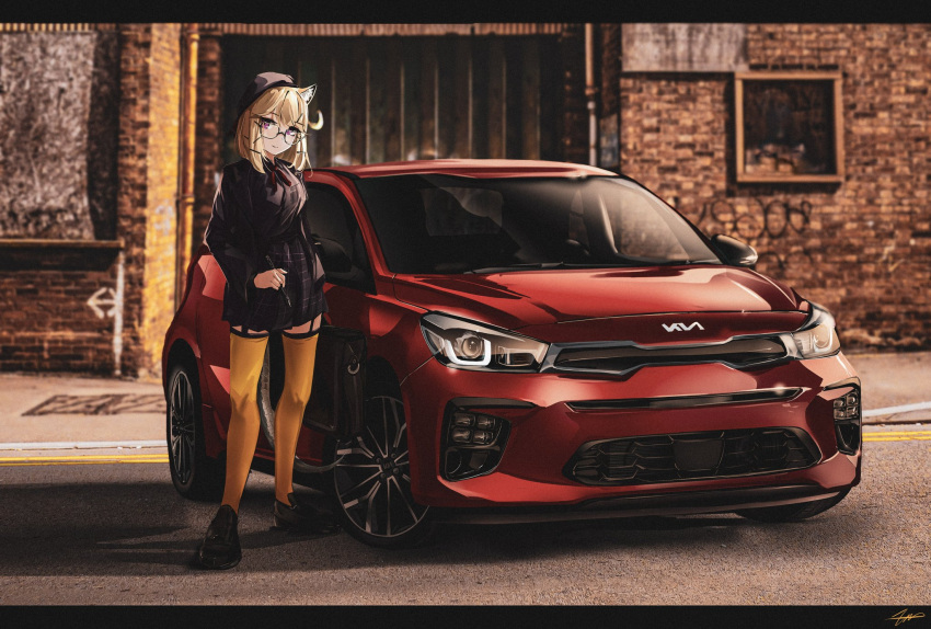 1girl animal_ear_fluff animal_ears arknights beret black_footwear black_headwear blonde_hair car cat_ears commission garter_straps glasses hat head_tilt highres holding holding_stylus kia_(company) letterboxed looking_at_viewer looking_to_the_side medium_hair motor_vehicle nougat_(73r1r1) official_alternate_costume orange_thighhighs outdoors purple_eyes shadow signature solo stylus thighhighs utage_(arknights) utage_(disguise)_(arknights) vehicle_focus vehicle_request