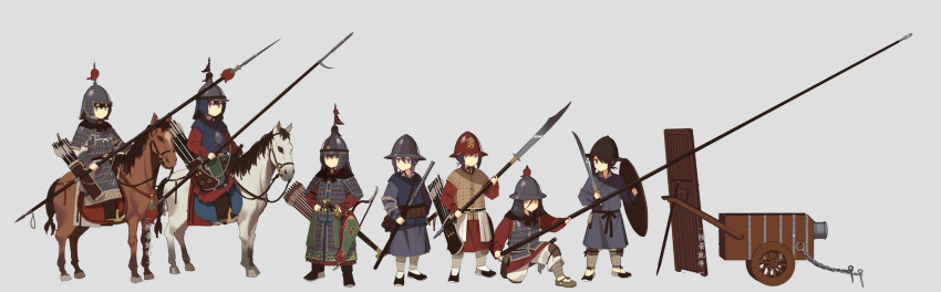 6+girls armor arrow_(projectile) bow_(weapon) brigandine_(armor) cannon cavalry chinese_empire dao fangdan_runiu full_armor grey_background guan_dao highres holding holding_polearm holding_sword holding_weapon lamellar_armor mace military ming_dynasty multiple_girls original polearm quiver saddle saddle_blanket sheath sheathed shield stirrups_(riding) sword weapon