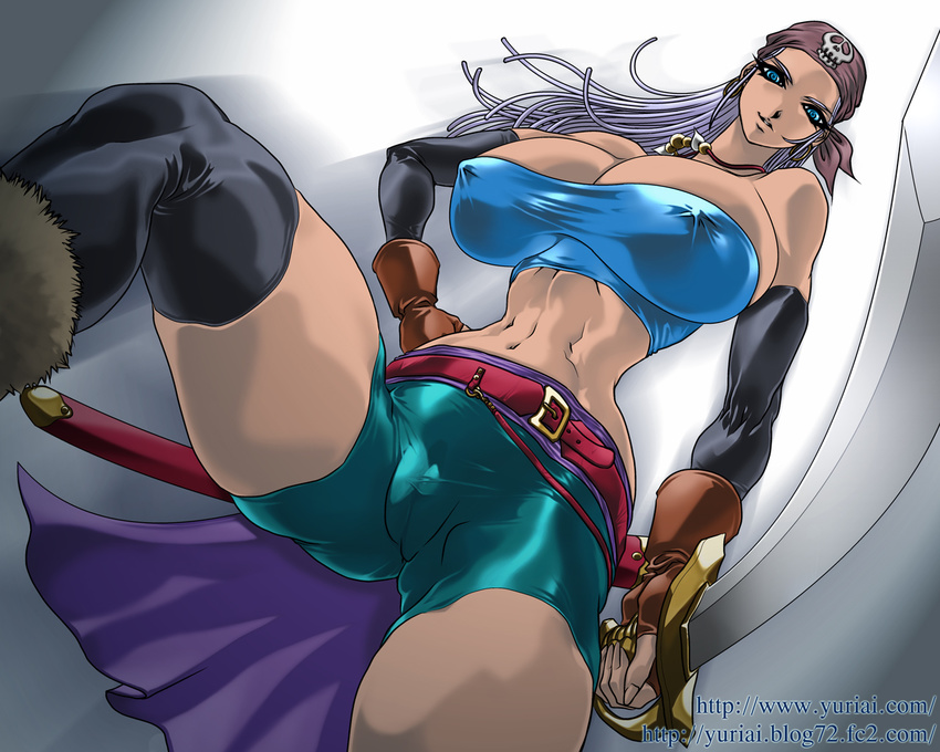 aqua_eyes bandana belt bike_shorts blue_dragon breasts cameltoe chen_jun-zou covered_nipples dark_skin fingerless_gloves gloves huge_breasts long_hair muscle perspective purple_hair solo sword thighhighs weapon yuri_ai