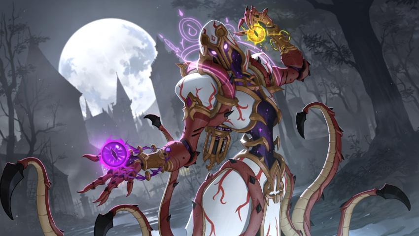 1girl absurdres castle eldritch_abomination english_commentary fence full_moon highres hood mask moira_(overwatch) moon nesskain night official_alternate_costume official_art open_hand orb outdoors overwatch overwatch_1 overwatch_2 solo tentacles tower tree upper_body