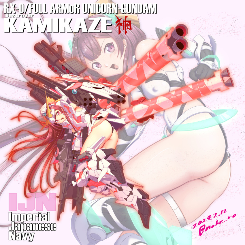 1girl angela_balzac angela_balzac_(cosplay) ass bow commentary_request cosplay covered_nipples dated deva_battle_suit elbow_gloves full_body gloves gundam gundam_unicorn hair_bow highres kamikaze_(kancolle) kantai_collection leotard long_hair moke_ro purple_eyes purple_hair rakuen_tsuihou solo twitter_username unicorn_gundam unicorn_gundam_(cosplay) white_leotard yellow_bow zoom_layer