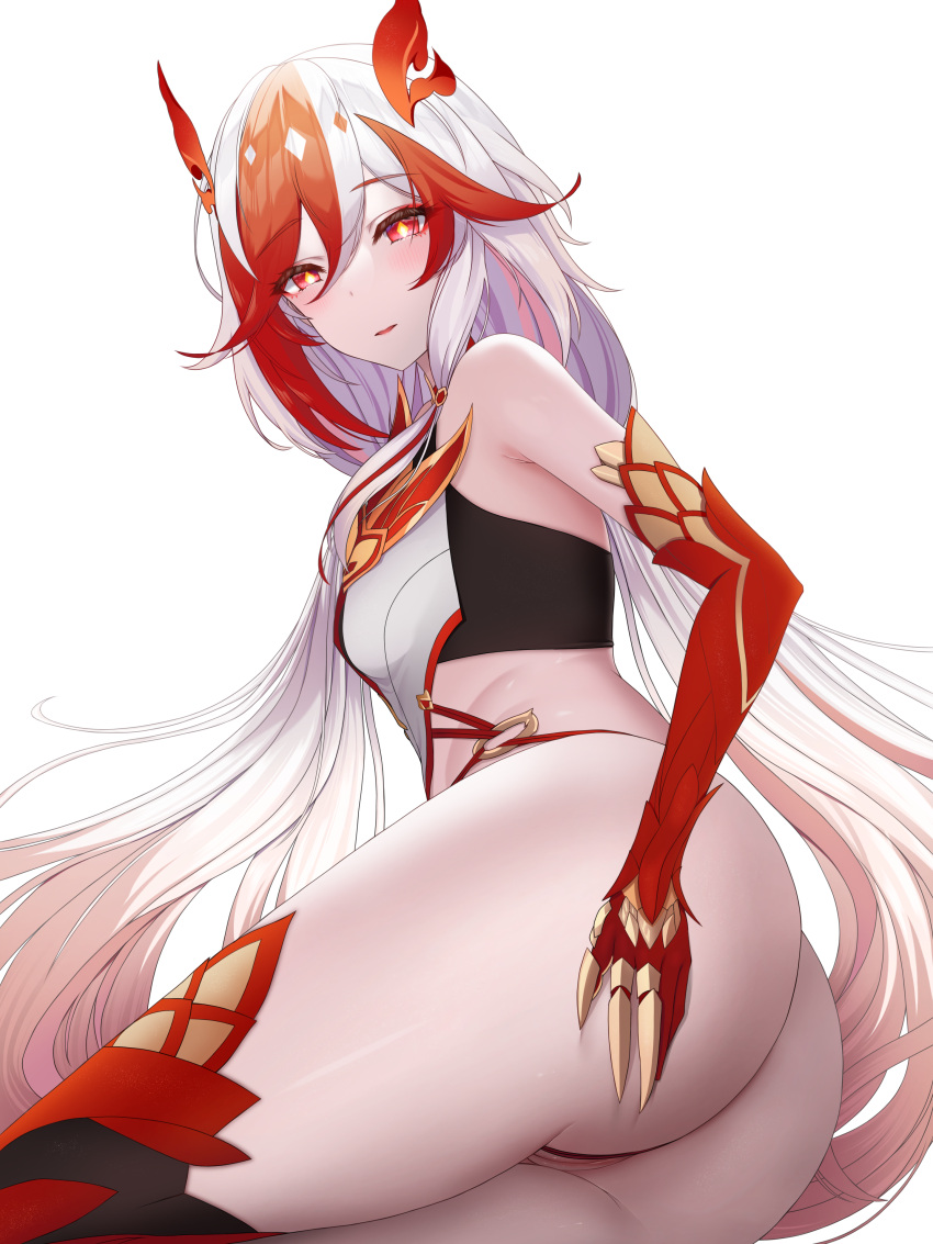 1girl absurdres animal_hands ass bare_shoulders black_sports_bra chinese_clothes claws detached_sleeves elbow_gloves eyeliner fu_hua fu_hua_(fenghuang_of_vicissitude) gloves hair_between_eyes hand_on_own_ass highres honkai_(series) honkai_impact_3rd huge_ass kallen_majnun light_blush long_hair looking_at_viewer low-tied_long_hair low_twintails makeup multicolored_hair pussy red_eyeliner red_eyes red_gloves red_hair red_rope red_scales red_thighhighs rope simple_background single_thighhigh solo sports_bra sportswear streaked_hair symbol-shaped_pupils thighhighs thighs twintails two-tone_hair white_background white_hair yellow_pupils