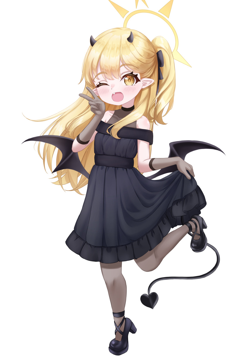 1girl absurdres black_dress black_footwear black_horns black_pantyhose black_tail black_wings blonde_hair blue_archive blush demon_horns demon_tail demon_wings dress fang halo high_heels highres horns ibuki_(blue_archive) ibuki_(dress)_(blue_archive) kuma_piv long_hair official_alternate_costume one_eye_closed open_mouth pantyhose pointy_ears side_ponytail simple_background smile solo tail white_background wings yellow_eyes yellow_halo