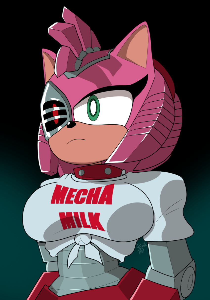 anthro atomictiki bored_expression breasts clothing cybernetic_limb cybernetics cyborg eulipotyphlan female half-length_portrait hedgehog hi_res machine mammal mega_milk meme portrait rusty_rose shirt solo tied_shirt topwear