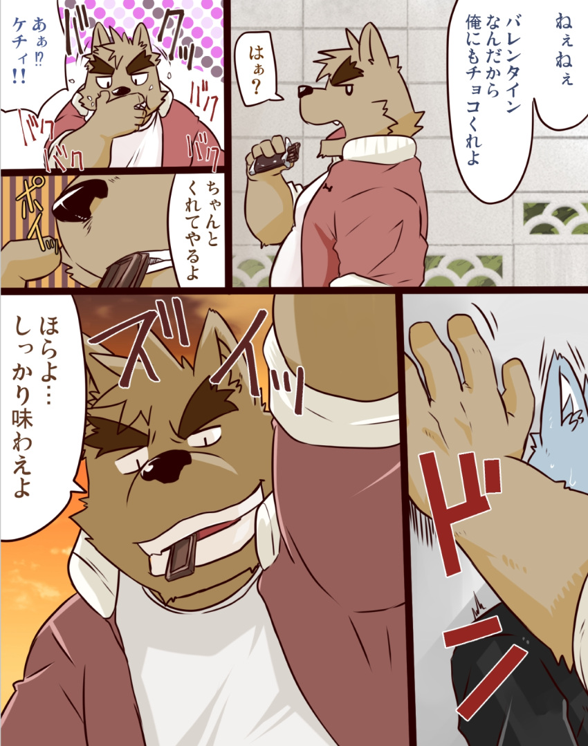 2024 anthro blue_body brown_body candy canid canine canis chocolate clothing comic dessert dialogue domestic_dog duo eating food hi_res holidays inuryu japanese_text kemono male mammal outside shirt slightly_chubby solo solo_focus text topwear valentine's_day