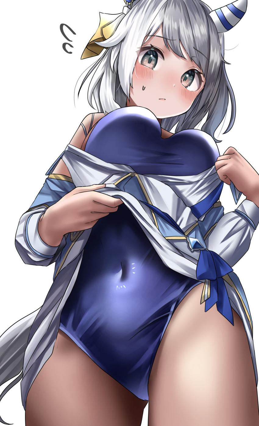 1girl absurdres animal_ears blue_one-piece_swimsuit breasts closed_mouth competition_school_swimsuit covered_navel cowboy_shot ear_covers grey_hair highres hishi_miracle_(umamusume) horse_ears horse_girl horse_tail large_breasts looking_at_viewer medium_hair one-piece_swimsuit po_musubi school_swimsuit simple_background single_vertical_stripe solo swimsuit swimsuit_under_clothes tail tail_through_clothes tracen_swimsuit umamusume wavy_mouth white_background yellow_eyes