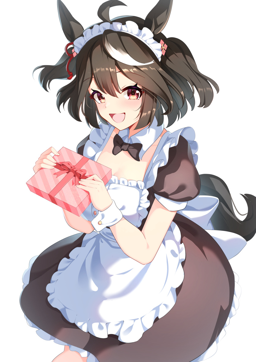 1girl absurdres ahoge alternate_costume animal_ears apron black_dress black_hair blush bob_cut box breasts cleavage commentary_request dress enmaided frilled_apron frills hair_between_eyes highres holding holding_box horse_ears horse_girl horse_tail kitasan_black_(umamusume) looking_at_viewer maid maid_apron maid_headdress multicolored_hair open_mouth puffy_short_sleeves puffy_sleeves red_eyes short_hair short_sleeves simple_background smile solo streaked_hair sunny_(20597521) tail two_side_up umamusume white_background white_hair white_headdress white_headwear white_wrist_cuffs wrist_cuffs