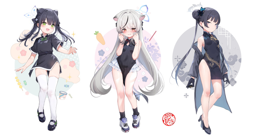 3girls absurdres animal_ears black_dress black_footwear black_gloves black_hair black_socks blue_archive blue_halo blush breasts butterfly_hair_ornament china_dress chinese_clothes closed_mouth coat double_bun dragon_print dress extra_ears full_body gloves green_eyes grey_coat grey_eyes grey_hair grey_halo hair_bun hair_ornament halo high_heels highres kisaki_(blue_archive) kokona_(blue_archive) long_hair long_sleeves looking_at_viewer multicolored_hair multiple_girls open_clothes open_coat open_mouth orange_eyes pelvic_curtain shoes short_sleeves shun_(blue_archive) shun_(small)_(blue_archive) simple_background sleeveless sleeveless_dress small_breasts smile socks somray streaked_hair striped_clothes striped_coat striped_dress thighhighs tiger_ears twintails two_side_up vertical-striped_clothes vertical-striped_coat vertical-striped_dress white_background white_footwear white_thighhighs