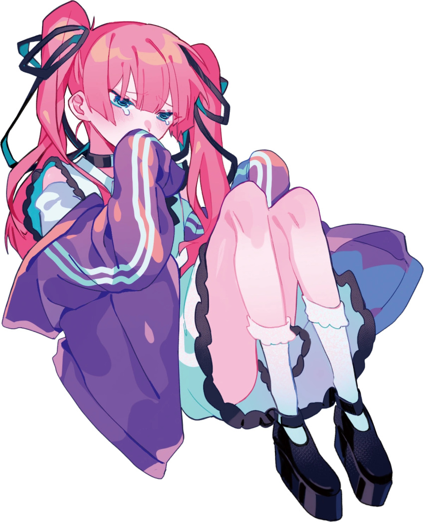1girl black_choker black_footwear black_ribbon blue_eyes blunt_bangs choker collar collared_dress covering_own_mouth crying crying_with_eyes_open dress frilled_collar frilled_dress frilled_socks frills hair_ribbon highres himanemuitoma jacket knees_up long_hair long_sleeves michiko_ame pink_hair purple_jacket rainy_girl_(vocaloid) ribbon sad sitting sleeves_past_fingers sleeves_past_wrists socks solo tears twintails vocaloid white_dress white_socks