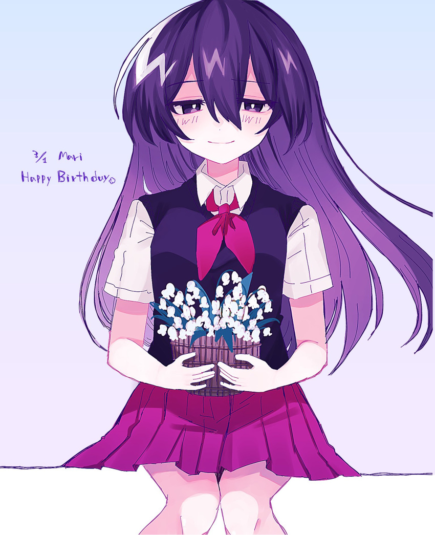 1girl blush bright_pupils closed_mouth collared_shirt english_text flower flower_pot hair_between_eyes happy_birthday highres holding holding_flower_pot lily_of_the_valley long_hair looking_at_viewer mari_(headspace)_(omori) mari_(omori) neckerchief omori plant potted_plant purple_hair purple_skirt purple_sweater_vest red_neckerchief shirt short_sleeves simple_background sitting skirt smile solo sweater_vest white_flower white_pupils white_sleeves yuyuyu_m5