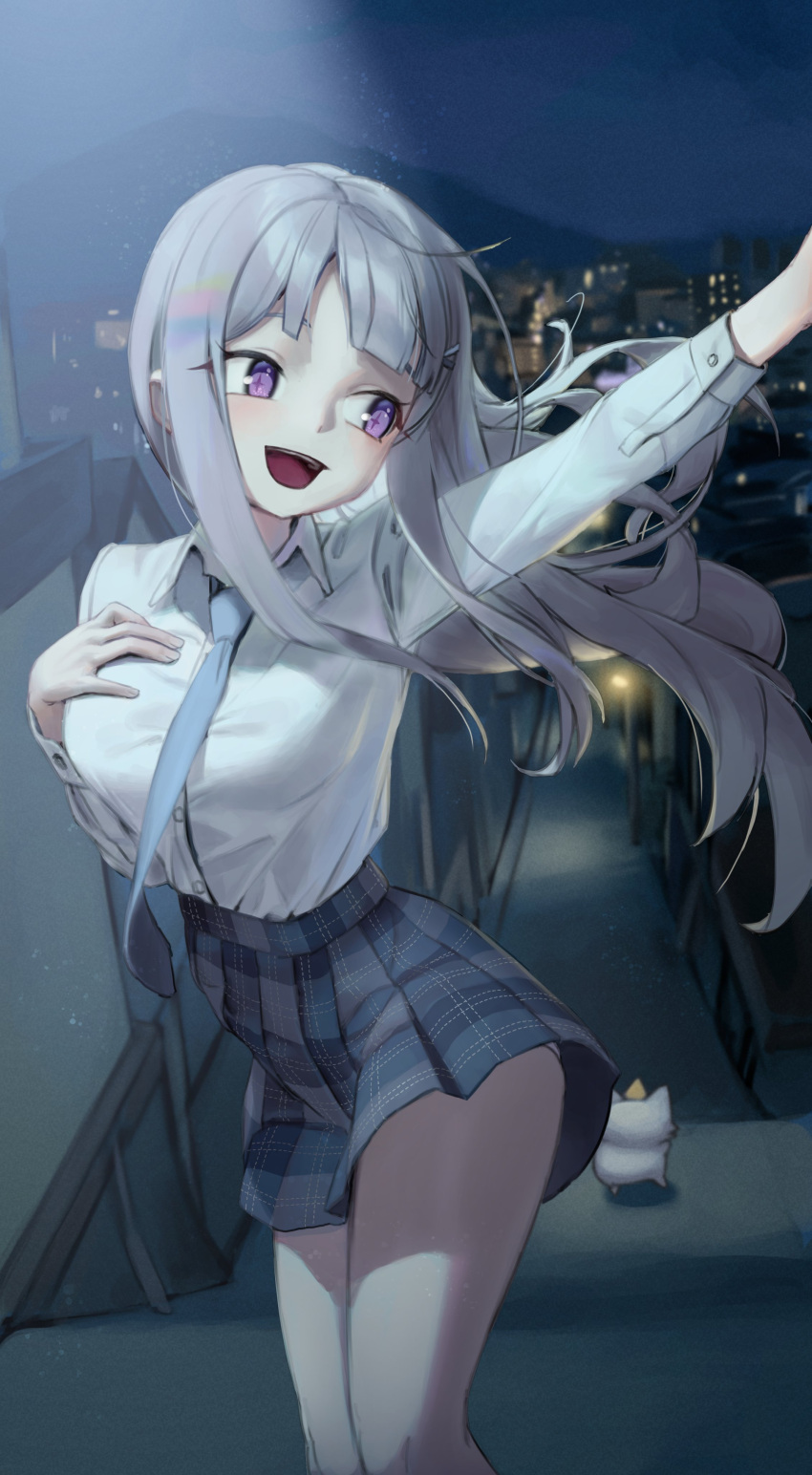 1girl absurdres ayatsuno_yuni blue_necktie cat collared_shirt grey_hair hand_on_own_chest highres laza_(0ldsong) long_hair long_sleeves necktie night night_sky outdoors panties purple_eyes shirt shirt_tucked_in skirt sky smile solo standing stellive teeth tongue underwear upper_teeth_only virtual_youtuber white_panties white_shirt