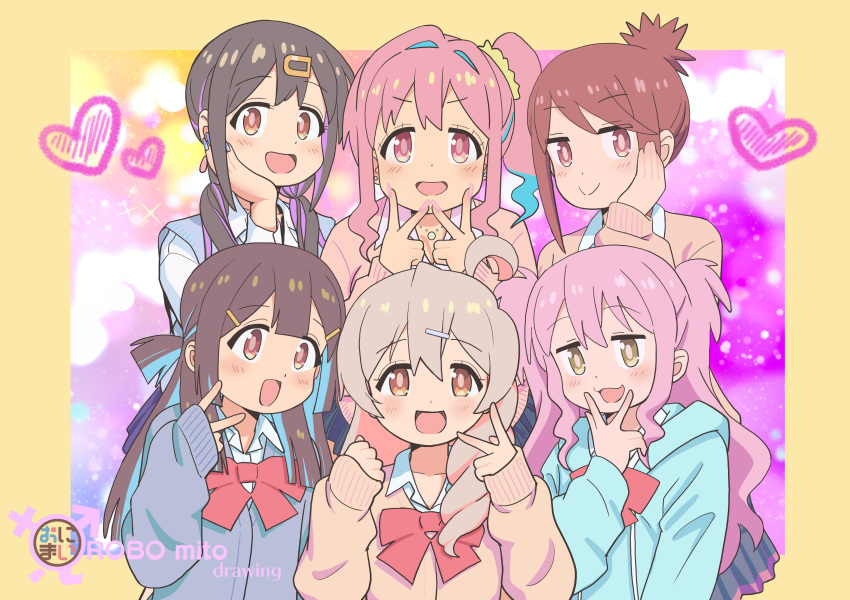 6+girls :3 :d absurdres artist_name black_hair blue_hair blue_hoodie blue_nails blunt_bangs blunt_ends bow bowtie brown_eyes brown_hair commentary_request copyright_name dot_nose double_v english_text gyaru hair_between_eyes hair_intakes hair_ornament hair_scrunchie hairclip hand_on_own_cheek hand_on_own_face heart highres hood hood_down hoodie hozuki_kaede hozuki_momiji kogal light_blush long_hair long_sleeves looking_at_viewer low_twintails male-female_symbol multicolored_hair multiple_girls nagase_miyako nail_polish official_alternate_hair_length official_alternate_hairstyle onii-chan_wa_oshimai! open_mouth oyama_mahiro oyama_mihari pink_hair pink_nails pleated_skirt purple_hair red_bow red_bowtie red_eyes robomito scrunchie short_hair short_ponytail side_ponytail sidelocks skirt sleeves_past_wrists smile twintails two-tone_hair two_side_up v v_over_mouth yasaka_mai yellow_eyes yellow_scrunchie