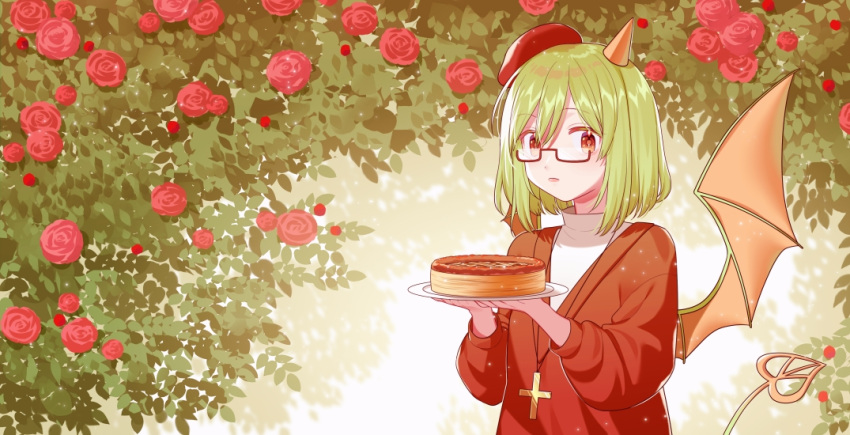 1girl beret cake cross cross_necklace demon_girl demon_tail demon_wings flower food funamusea green_hair green_theme green_wings haiiro_teien hat holding holding_plate horns hui_yan jewelry leaf looking_at_viewer necklace open_mouth plate red-framed_eyewear red_eyes red_flower red_headwear red_sweater semi-rimless_eyewear shirt short_hair sidelocks single_horn solo sweater tail white_shirt wings yosafire_(haiiro_teien)