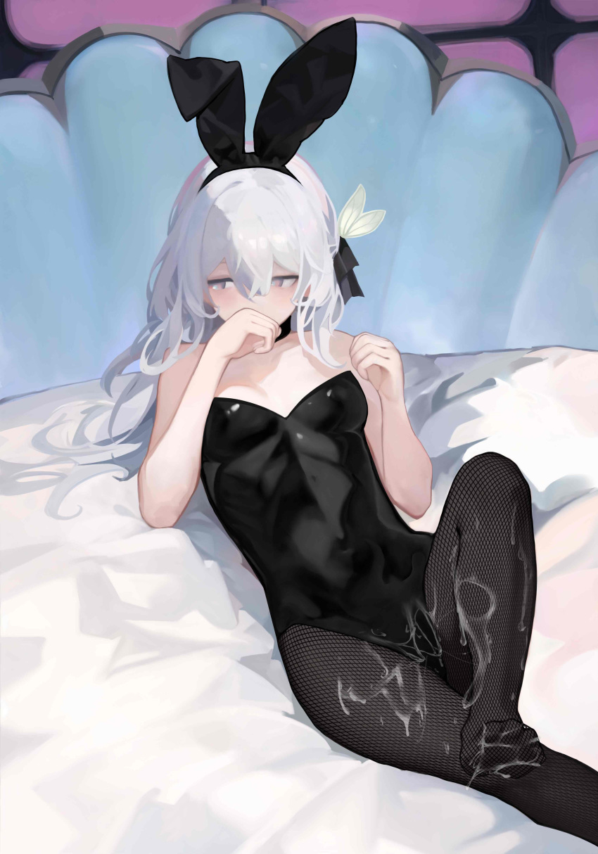 1girl absurdres animal_ears bed black_hairband black_leotard black_ribbon chinese_commentary commentary_request covering_own_mouth cum cum_on_legs fake_animal_ears firefly_(honkai:_star_rail) fishnet_pantyhose fishnets hair_ribbon hairband hands_up highres honkai:_star_rail honkai_(series) leotard looking_to_the_side lying on_back pantomime pantyhose playboy_bunny rabbit_ears ribbon shell solo variant_set
