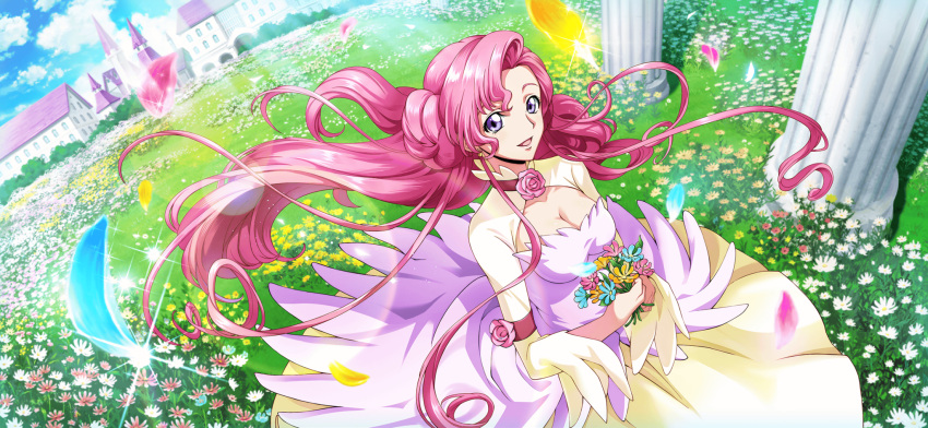 1girl armband artist_request blue_flower blue_sky breasts castle cleavage cleavage_cutout clothing_cutout cloud code_geass code_geass:_lost_stories day dress earrings euphemia_li_britannia falling_petals field fisheye flower flower_field from_above game_cg grass happy highres holding holding_flower jewelry long_dress long_hair long_sleeves looking_at_viewer medium_breasts neck_flower non-web_source official_art open_mouth orange_flower outdoors own_hands_together petals pink_dress pink_flower pink_hair pink_rose purple_eyes red_flower rose sidelocks sky smile solo sparkle standing two-tone_dress very_long_hair wide_sleeves wind