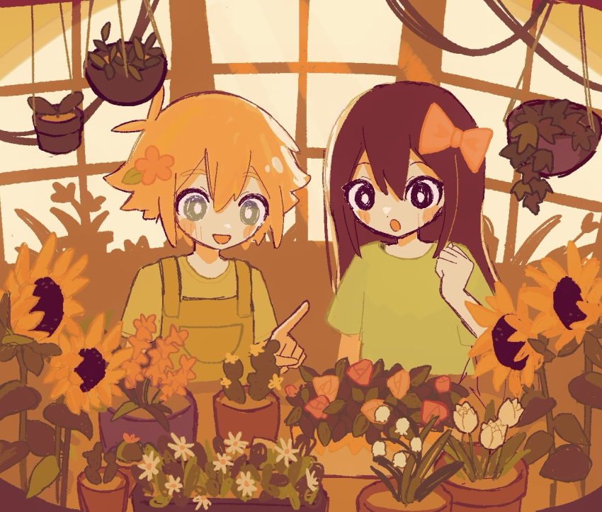 1boy 1girl :o aged_down antenna_hair aqua_eyes aubrey_(faraway)_(omori) aubrey_(omori) basil_(faraway)_(omori) basil_(omori) blonde_hair bow bright_pupils cactus daisy dress flower gladiolus green_dress green_shirt hair_between_eyes hair_bow hair_flower hair_ornament indoors lily_of_the_valley long_hair omori open_mouth overalls pink_bow plant pointing potted_plant purple_hair rose shirt short_hair short_sleeves smile sunflower tulip user_yprm7442 white_flower white_tulip