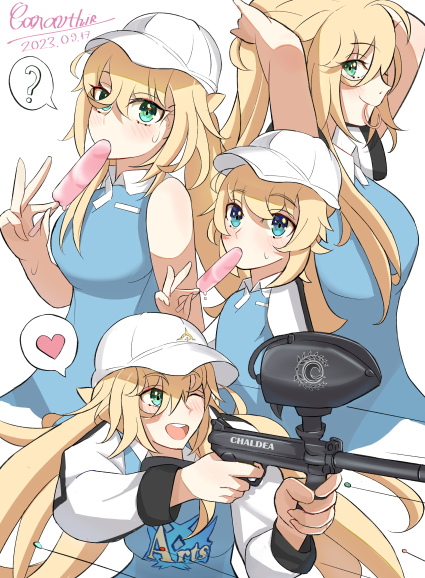 1boy 1girl absurdres aged_up ahoge artoria_caster_(fate) artoria_pendragon_(fate) arts_shirt blonde_hair blue_eyes blue_shirt blush breasts caravthir chaldea_logo fate/grand_order fate_(series) food green_eyes highres if_they_mated large_breasts mother_and_son paintball popsicle shirt signature