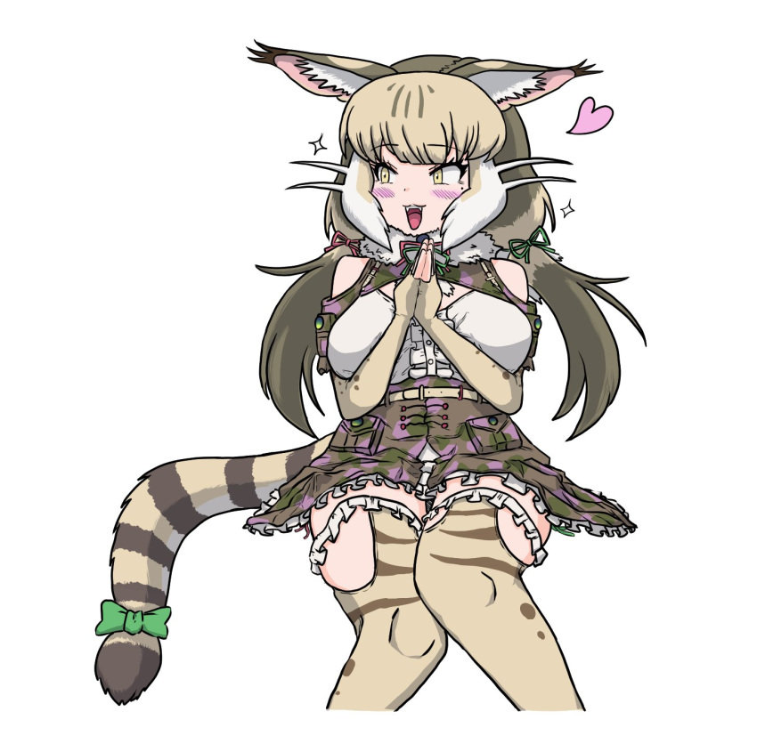 1girl animal_ears bare_shoulders belt camouflage cat_ears cat_girl cat_tail elbow_gloves extra_ears fingerless_gloves gloves grey_hair haro_(halo_kabe) heart highres jacket jungle_cat_(kemono_friends) kemono_friends kemono_friends_v_project long_hair microphone ribbon shirt simple_background skirt solo tail thighhighs twintails virtual_youtuber yellow_eyes
