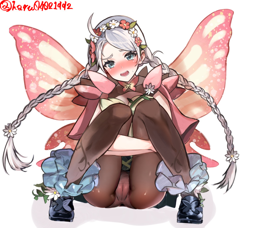 1girl ass blue_eyes blue_footwear blush boots braid brown_pantyhose butterfly_wings cameltoe capelet commission commissioner_upload fairy_wings fire_emblem fire_emblem_fates fire_emblem_heroes flower gradient_clothes hair_flower hair_ornament hair_vines hairband harutan_(ufnn8842) highres hugging_own_legs insect_wings long_hair looking_at_viewer low_twin_braids nina_(fire_emblem) nina_(resplendent)_(fire_emblem) non-web_source official_alternate_costume panties pantyhose pantyshot pink_capelet pink_flower pink_panties pussy skeb_commission solo sweat twin_braids underwear upskirt vine_harness vine_print white_flower white_hair wings