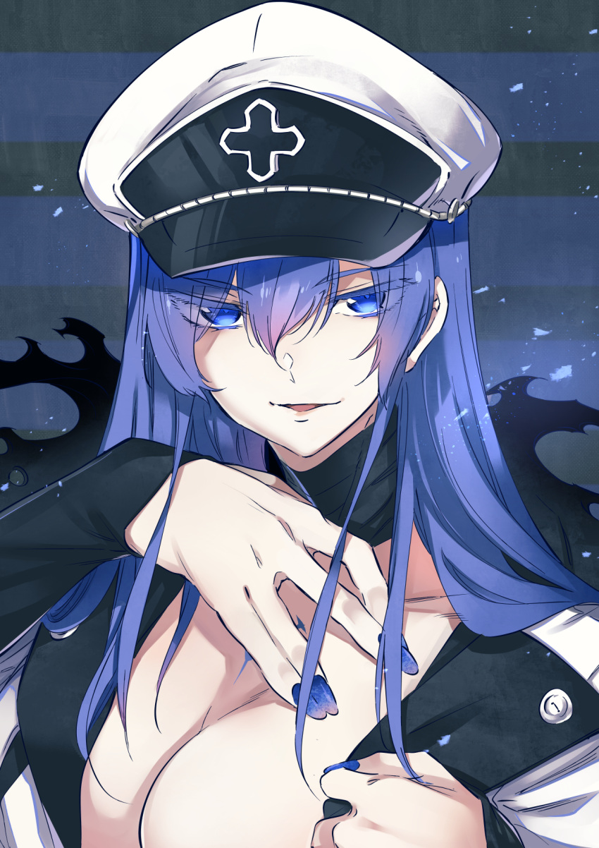 1girl akame_ga_kill! blue_eyes blue_hair blue_nails breasts chest_tattoo cleavage esdeath hat highres large_breasts long_hair military military_hat military_uniform open_mouth peaked_cap solo tashiro_tetsuya tattoo uniform upper_body