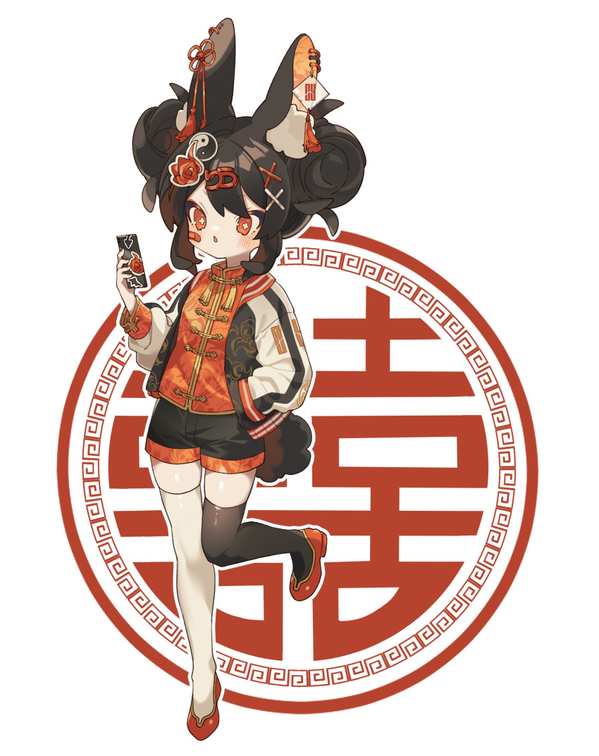 1girl absurdres animal_ear_fluff animal_ears asymmetrical_legwear bandaid bandaid_on_face black_hair black_thighhighs blush chinese_clothes double_bun full_body hair_bun hand_in_pocket highres holding holding_phone jacket knees_together_feet_apart layered_clothes leg_up mandarin_collar meandros mismatched_legwear nail_polish open_clothes open_jacket orange_eyes original outline ozureiji parted_lips phone red_footwear shorts sidelocks simple_background solo sukajan symbol-shaped_pupils tail tassel thighhighs white_background white_outline white_thighhighs yin_yang yin_yang_hair_ornament