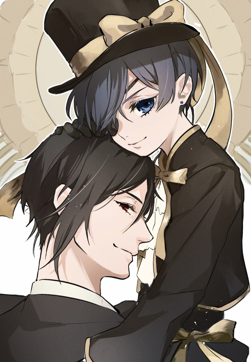 2boys absurdres bishounen black_gloves black_hair black_jacket black_suit blue_eyes blue_hair bow ciel_phantomhive dark_blue_hair earrings eyepatch gloves hair_over_one_eye hand_on_another's_head hat hat_bow highres jacket jewelry kuroshitsuji looking_at_viewer male_focus multiple_boys outline rau_820 red_eyes ribbon sebastian_michaelis shirt short_hair size_difference smile suit top_hat victorian white_outline white_shirt yellow_bow yellow_ribbon