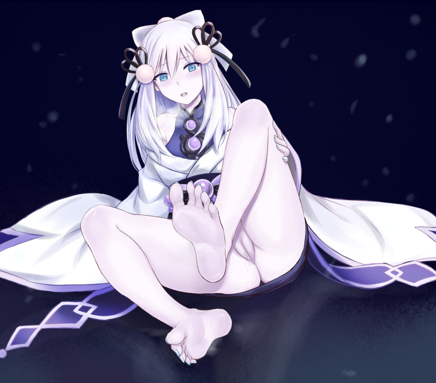 1girl bare_legs barefoot black_background blue_eyes blush cameltoe colored_skin dress duel_monster feet highres japanese_clothes kimono koorino legs long_hair looking_at_viewer no_panties pale_skin pantyhose pussy sitting snow soles steam toes white_dress white_hair white_skin yu-gi-oh! yuki-onna_the_ice_mayakashi yuki_onna yuki_onna_(nurarihyon_no_mago)