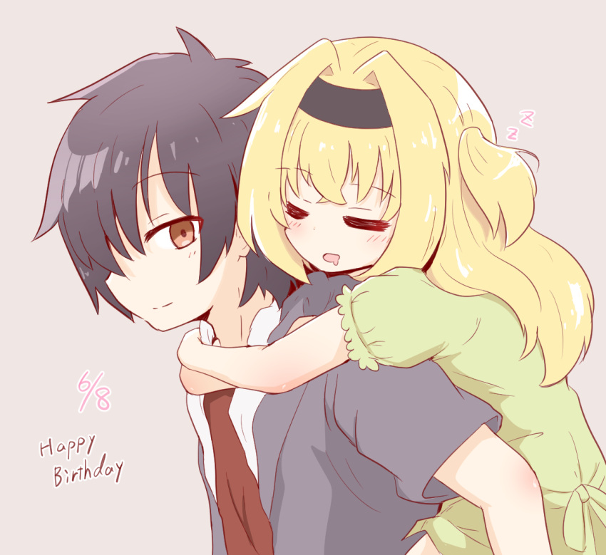 1boy 1girl =_= arms_around_neck black_hair blonde_hair blush brother_and_sister brown_eyes carrying casual chitose_haruki chitose_sana closed_eyes commentary_request crossed_bangs dated dress drooling from_side green_dress hair_between_eyes hair_intakes hakutocake happy_birthday hug hug_from_behind light_brown_background long_hair looking_at_viewer looking_back mouth_drool necktie open_mouth piggyback profile red_necktie short_hair short_sleeves siblings simple_background sleeping smile spiked_hair tenshinranman two_side_up upper_body zzz