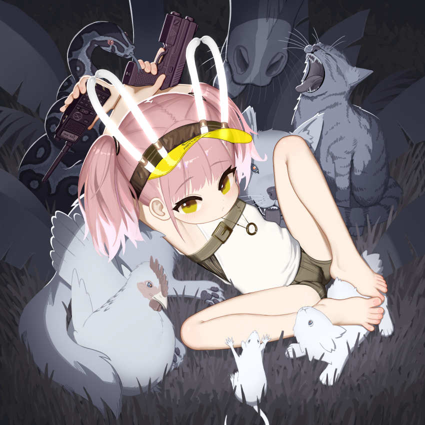 1girl absurdres animal_ears animal_request armpits arms_up barefoot baseball_cap bird black_shorts blush cat chicken closed_mouth cromachina fake_animal_ears flat_chest full_body girls'_frontline_neural_cloud gun handgun hat highres holding holding_gun holding_walkie-talkie holding_weapon horse looking_at_viewer mouse pink_hair rabbit_ears shirt short_hair short_shorts shorts sleeveless sleeveless_shirt snake solo spread_legs taisch_(neural_cloud) toes twintails walkie-talkie weapon white_shirt yellow_eyes