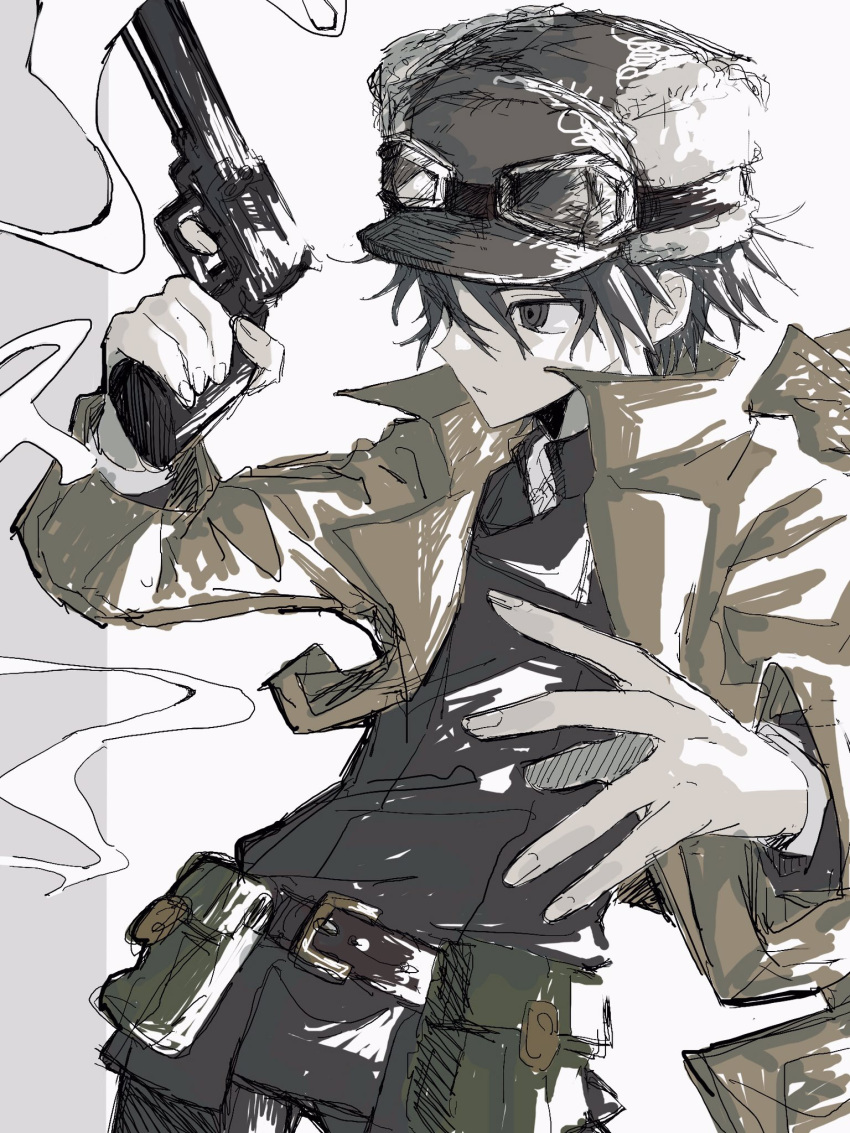 1girl androgynous belt black_eyes black_hair brown_jacket goggles goggles_on_headwear gun handgun hat highres holding holding_gun holding_weapon jacket kino_(kino_no_tabi) kino_no_tabi open_clothes open_jacket pouch short_hair simple_background smoke solo two-tone_background wa_noko weapon
