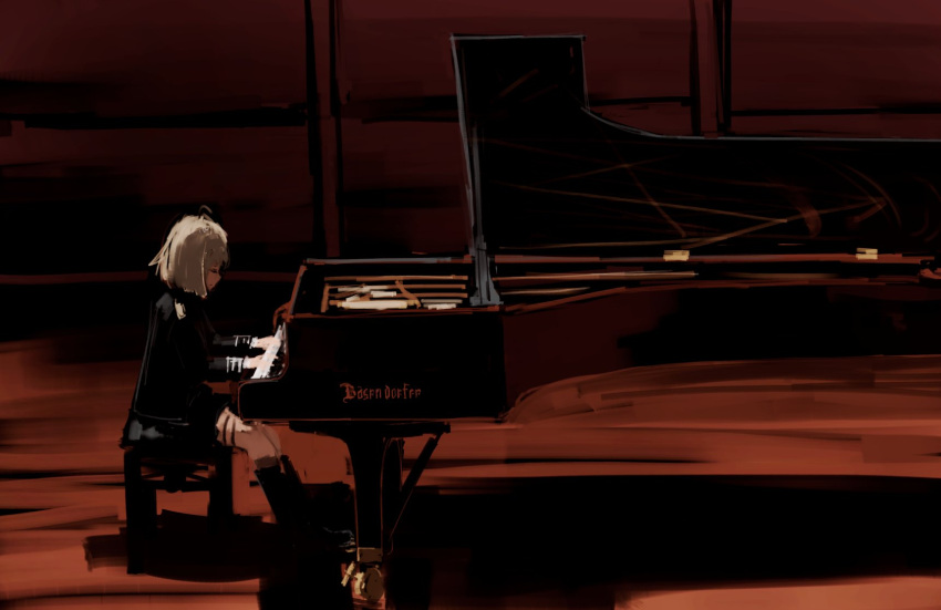 1girl akitaka_takaaki black_footwear blonde_hair boots closed_eyes german_clothes girls'_frontline grand_piano highres historical_connection instrument military military_uniform mp40_(girls'_frontline) music nazi piano playing_instrument playing_piano simple_background thigh_strap uniform