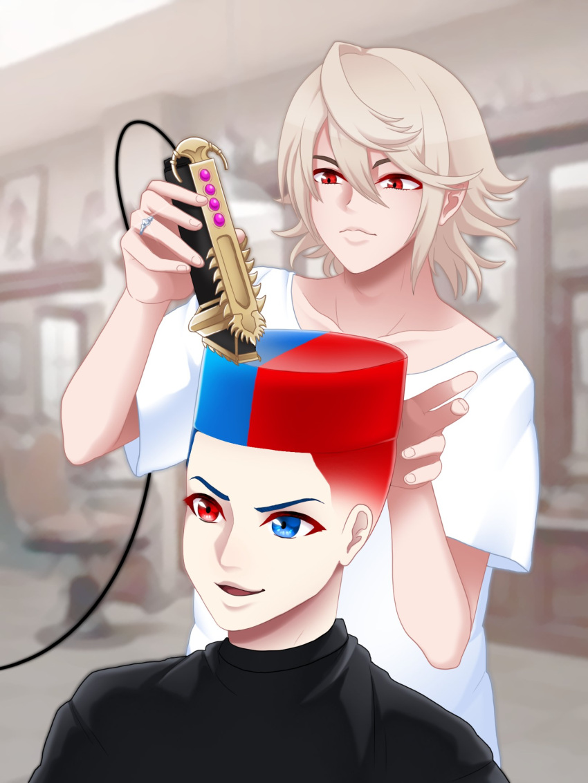 2boys adapted_weapon alear_(fire_emblem) alear_(male)_(fire_emblem) barber_cape blue_eyes blue_hair choso_giving_toudou_a_haircut_(meme) corrin_(fire_emblem) corrin_(male)_(fire_emblem) cutting_hair electric_razor english_commentary fade_(haircut) fire_emblem flattop hair_between_eyes hair_clipper highres indoors jewelry lips meme multicolored_hair multiple_boys red_eyes red_hair ring seityr shirt short_hair smile split-color_hair t-shirt white_shirt yato_(fire_emblem)