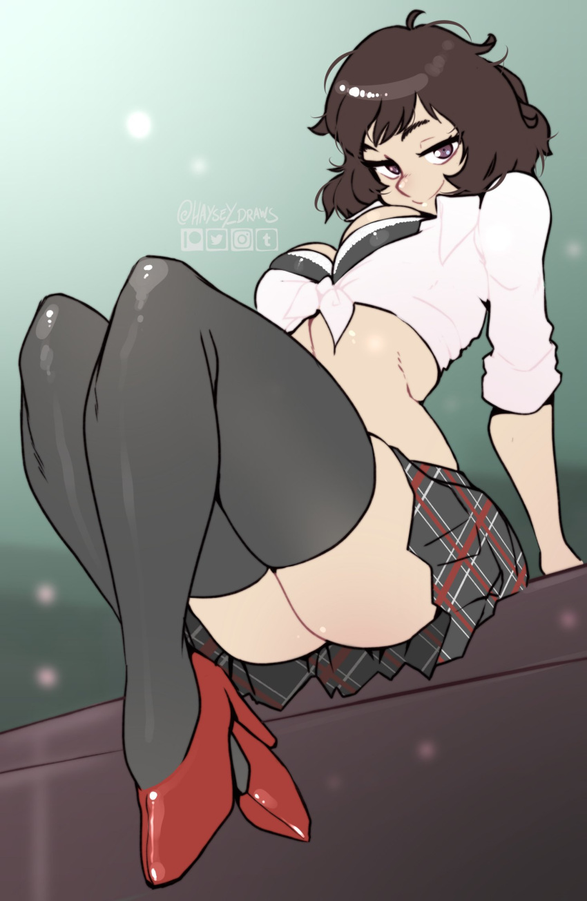 1girl arm_support ass breasts brown_eyes brown_hair cleavage cropped_shirt from_below full_body haysey high_heels highres instagram_logo kawakami_sadayo leaning legs_up looking_at_viewer midriff patreon_logo persona persona_5 red_footwear shirt short_hair skirt sleeves_rolled_up smile smug solo thighhighs tied_shirt tumblr_logo twitter_logo twitter_username white_shirt