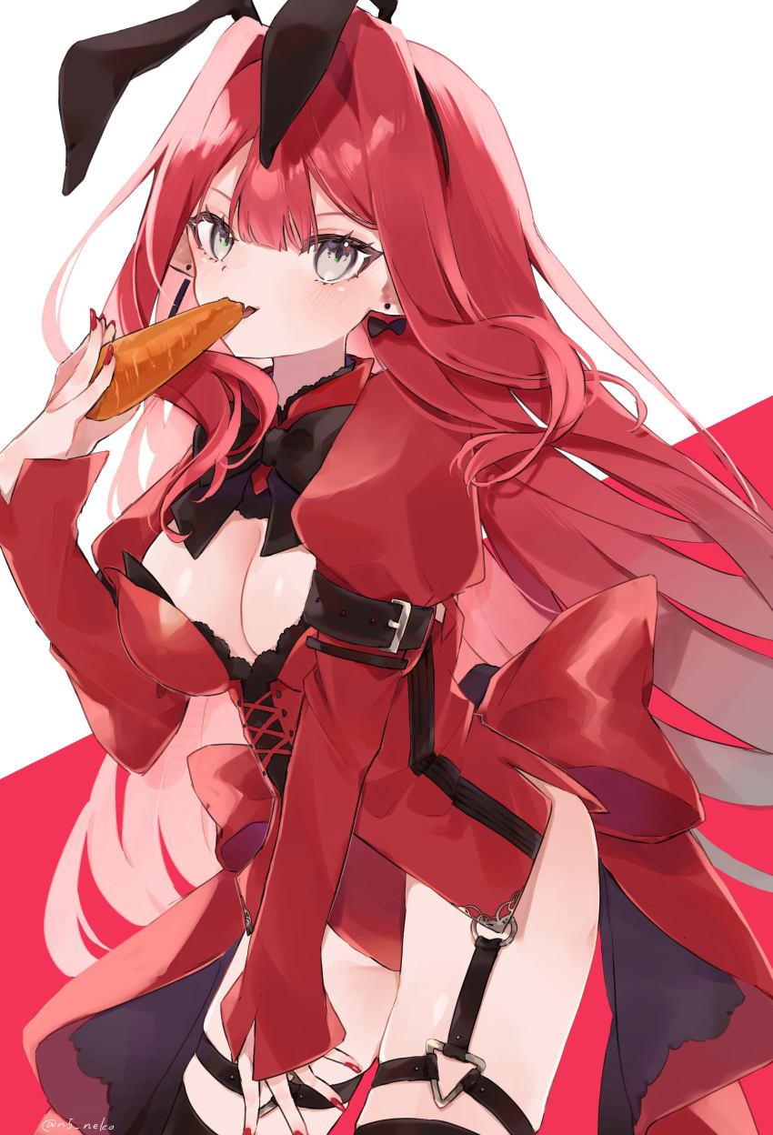 1girl absurdres animal_ears baobhan_sith_(fate) black_bow blush bow bowtie breasts carrot cleavage cross-laced_clothes earrings eating fake_animal_ears fang fate/grand_order fate_(series) food grey_eyes hand_up highres holding holding_food jewelry leotard long_hair long_sleeves looking_at_viewer multicolored_background nail_polish neko_(h_i05) open_mouth playboy_bunny rabbit_ears red_bow red_hair red_leotard red_nails sidelocks skin_fang solo thighs white_background