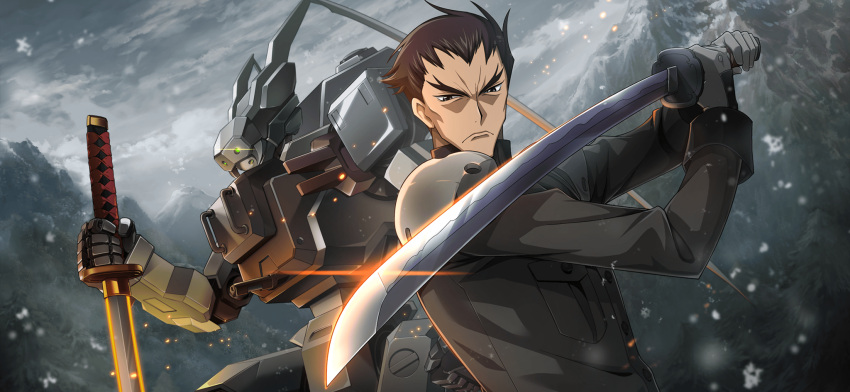 1boy armor arms_up artist_request brown_hair burai_(code_geass) burai_kai buttons closed_mouth cloud cloudy_sky code_geass code_geass:_lost_stories day dutch_angle embers fighting_stance forehead forked_eyebrows furrowed_brow game_cg glint gloves green_jacket grey_background grey_eyes grey_gloves grey_sky highres holding holding_sword holding_weapon jacket katana long_sleeves looking_at_viewer male_focus mecha military_uniform mountain non-web_source official_art outdoors pocket robot short_hair shoulder_armor sky snowing solo standing sword toudou_kyoushirou two-handed underlighting uniform upper_body v-shaped_eyebrows weapon