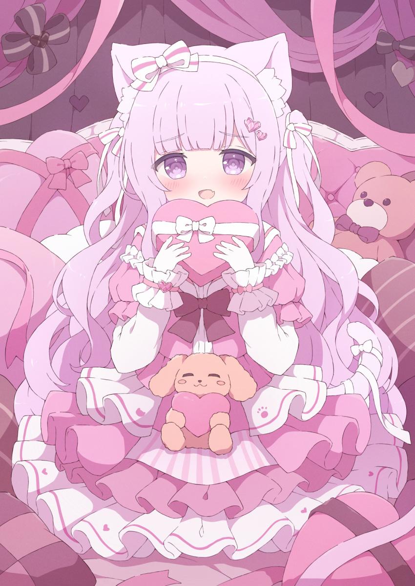 1girl :d animal_ear_fluff animal_ears blush box box_of_chocolates cat_ears cat_girl cat_tail commentary dress fang hair_ornament heart heart-shaped_box heart_hair_ornament highres long_hair long_sleeves looking_at_viewer open_mouth original pink_dress pink_eyes pink_hair pink_theme skin_fang smile solo straight-on stuffed_animal stuffed_toy symbol-only_commentary tail teddy_bear tyakomes valentine very_long_hair