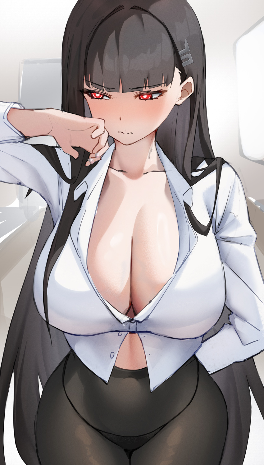 1girl absurdres black_hair black_panties black_pantyhose blue_archive blush breasts bright_pupils buttons cleavage closed_mouth collared_shirt hair_ornament hairpin highres katagirinanoka large_breasts long_hair panties panties_under_pantyhose pantyhose red_eyes rio_(blue_archive) shirt solo underwear white_pupils white_shirt