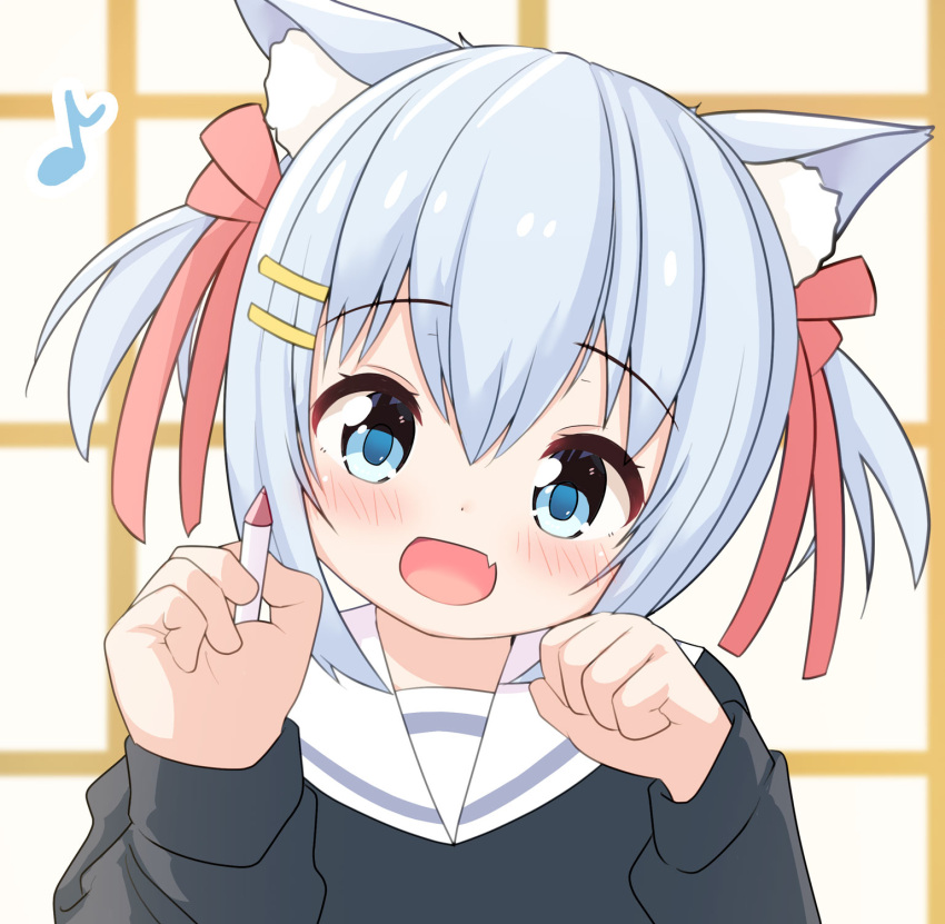 1girl :d animal_ear_fluff animal_ears blue_eyes blue_hair blue_pupils blush cat_ears cat_girl commentary eighth_note fang hair_between_eyes hair_ornament hair_ribbon hairclip hands_up head_tilt highres light_blue_hair long_sleeves looking_at_viewer musical_note nekomimimix open_mouth original paw_pose pen red_ribbon ribbon sailor_collar short_hair short_twintails sidelocks skin_fang smile solo sweater twintails white_sailor_collar